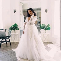 african long sleeves a line lace wedding dress deep v neck sweep train appliques corset back plus size tulle bridal gowns