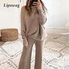 Повседневная Домашняя одежда, комплект из двух предметов, женский элегантный пуловер с открытыми плечами и однотонные длинные брюки, домашний костюм, женская одежда на весну и осень