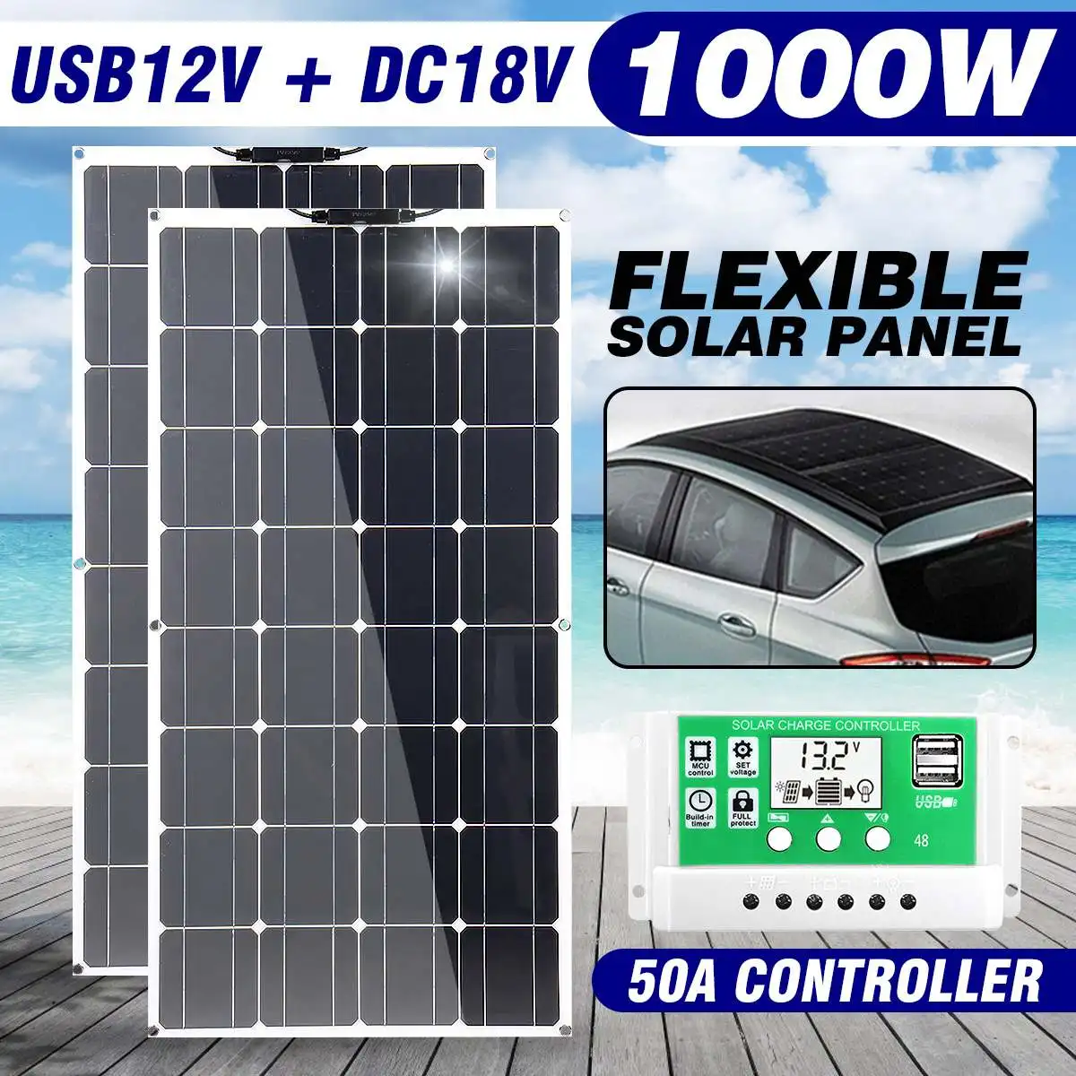Online 500W 1000W Panel Surya Paket Sel Surya Persediaan Baterai Luar Ruangan Pengendali 30A/40A/50A Untuk Mobil Pengisi Daya Baterai Kapal Pesiar RV