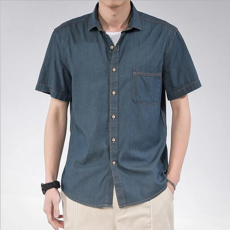 Fashion Men Shirt Single Breasted Denim Cotton Shirts Men's Short-Sleeved Shirt Cotton Youth Slim Casual Denim Shirt