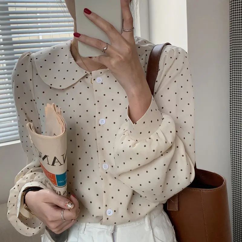 

HziriP 2020 High Quality Polka Dots Leisure Chic Loose Blouses Peter Pan Collar Sweet Casual Women Gentle Girls All Match Shirts