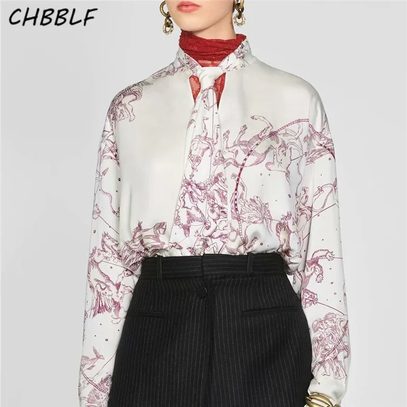 

CHBBLF women stylish bow tie print blouse long sleeve female fashion casual loose chiffon chic tops XDN9161