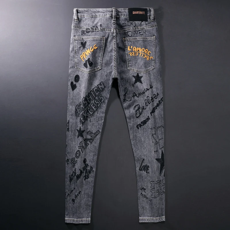 American Street Fashion Men Jeans Retro Gray Elastic Slim Fit Printed Jeans Men Embroidery Designer Hip Hop Denim Punk Pants