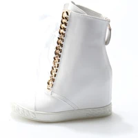 fashion gold zipper wedge ankle boots casual height increasing lace up shoes for woman white leather leisure outside shoes