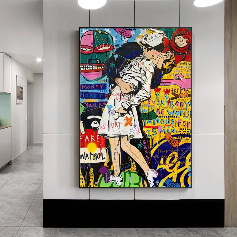 

Print Painting on Canvas Graffiti Street Kissing Couple Picture Wall Art for Living Room Paintings Cuadros Home Decor Poster