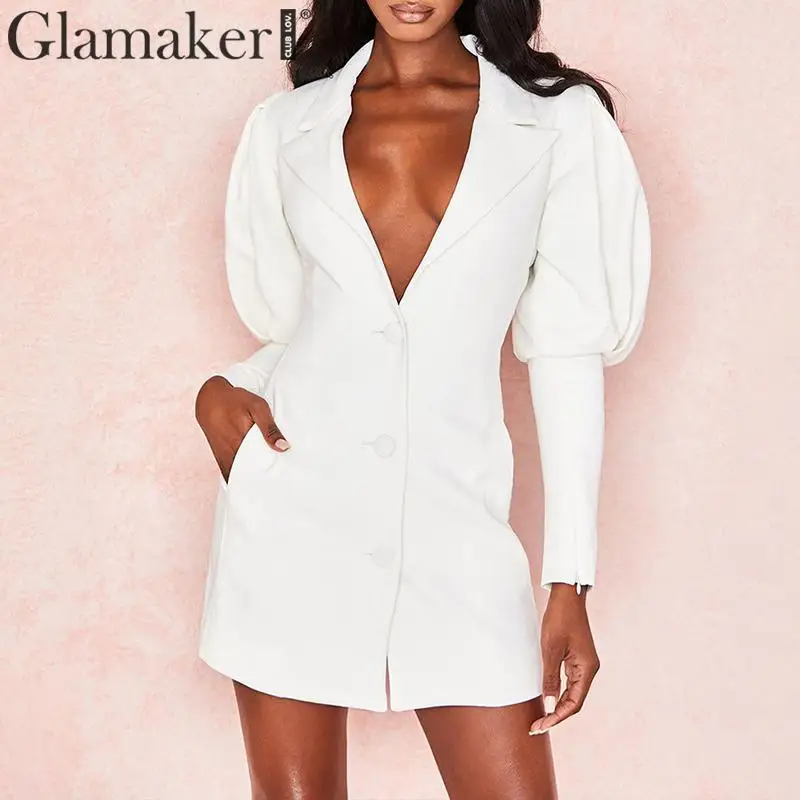Glamaker Белый Глубокий v обтягивающий пиджак мини платье Женские Длинные Пышные