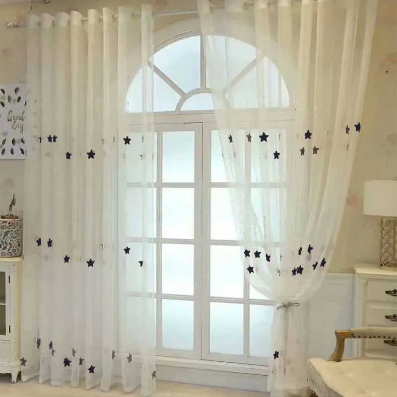 

European Pink Embroidered Star Sheer Curtains For Children's Bedroom Window Treatments Mesh Tulle Curtains Living Room Drapes