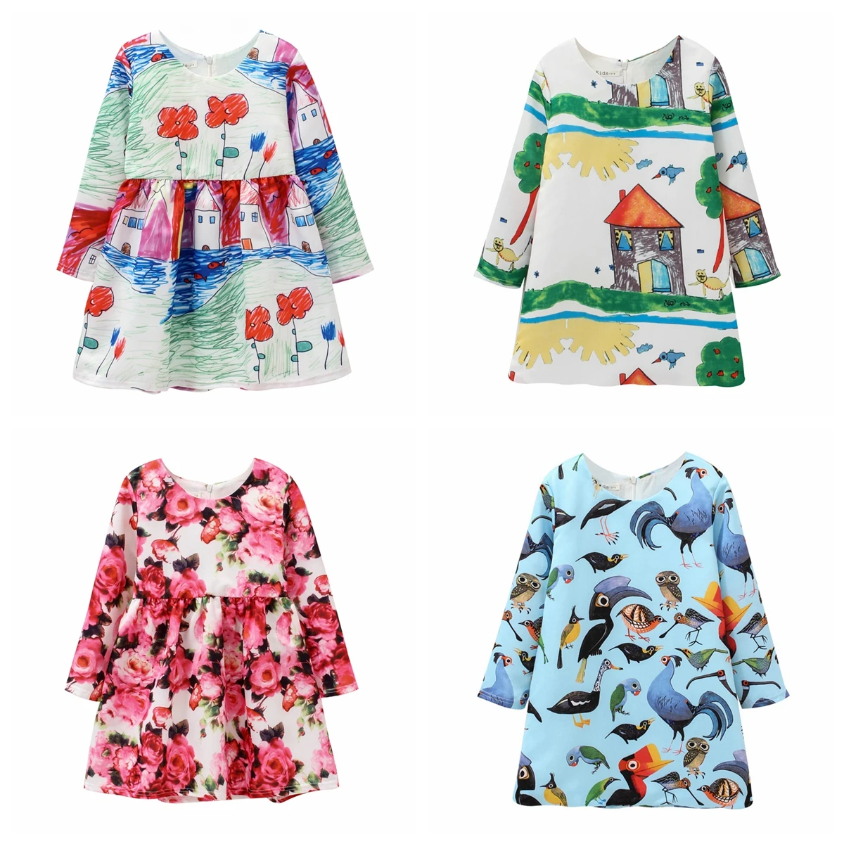 

Sanlutoz Princess Girl Dress Flowers Birds Printing Long Sleeve Kids Dresses Fashion Casual Dress for Girls