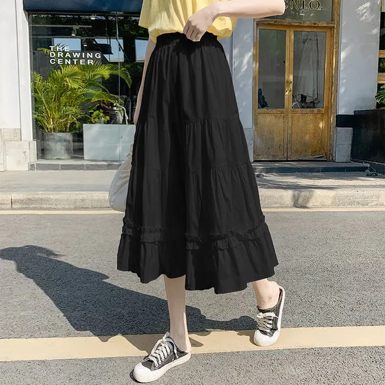 

White skirt women's mid length skirt summer 2021 new Korean high waist thin A-line puffy cake skirt