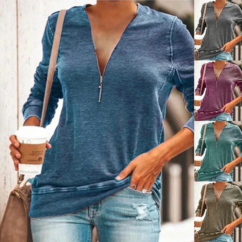 Женская футболка с V образным вырезом длинным рукавом и молнией|Футболки| |