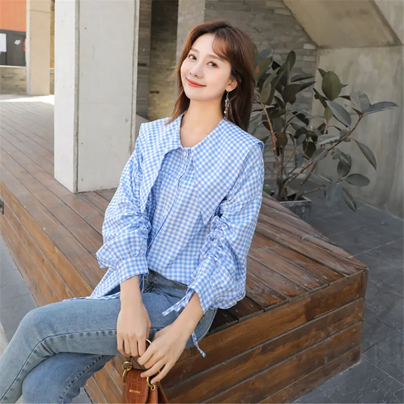 

HziriP 2020 New Spring Plaid Loose Women Sweet Chic Geometric Girls Fashion All Match Pleated High Street Cute Casual Blouses