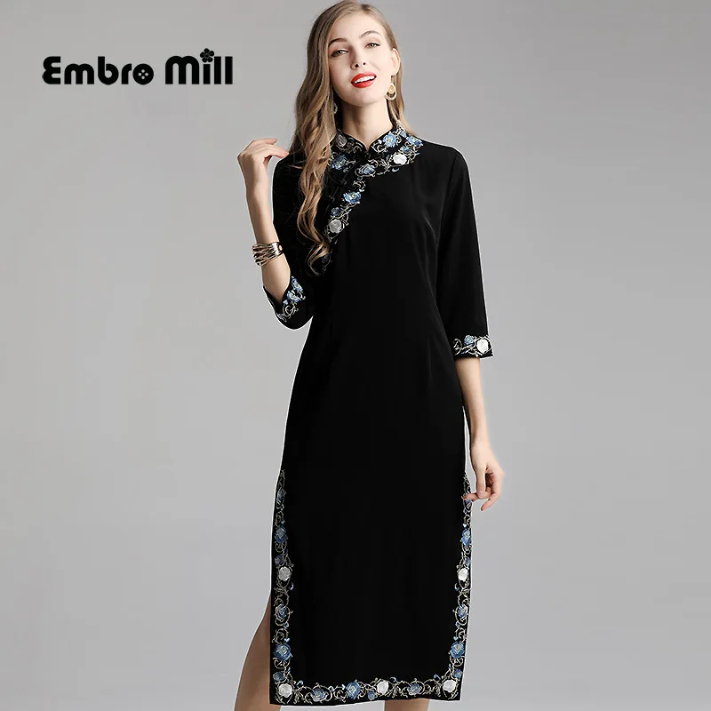 Высококачественное платье Чонсам в китайском стиле с вышивкой и большими