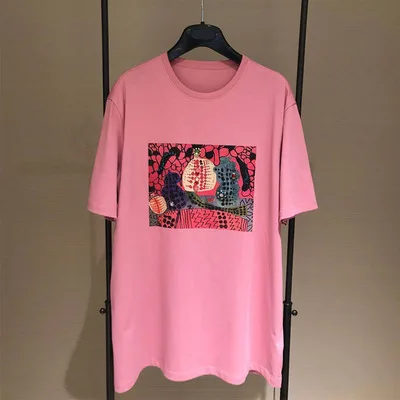 

hanWomen's loose casual printed beaded pullover mid-length short-sleeved T-shirt women's t