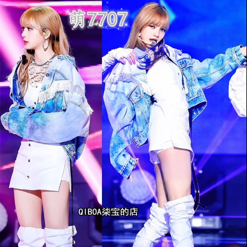 Женская джинсовая куртка с длинным рукавом отложным воротником и бахромой |