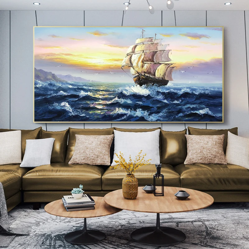 

Hand-painted Oil Paintings Living Room Sofa Horizontal Version Of Smooth Sailing Murals Decorative Painting Handmade Office Stud
