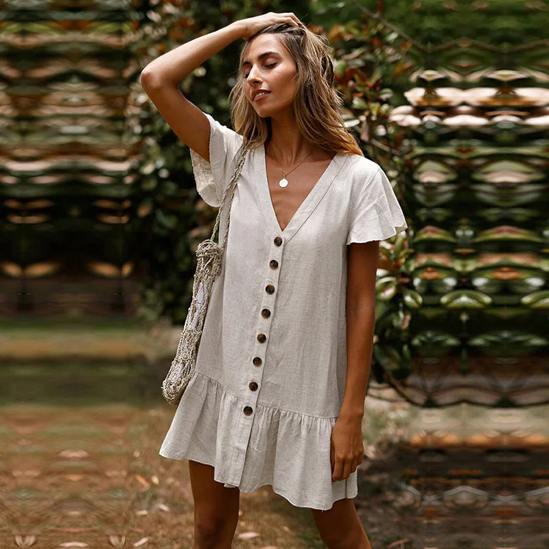 

New Spring Ruffles Mini Dress Women Casual Solid Color V Neck Elegant Full Sleeve Button Dress For Women 2021 Summer Dress