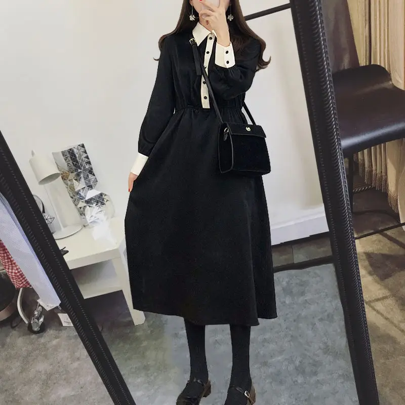 Женское лоскутное платье трапеция с длинным рукавом Повседневное средней длины