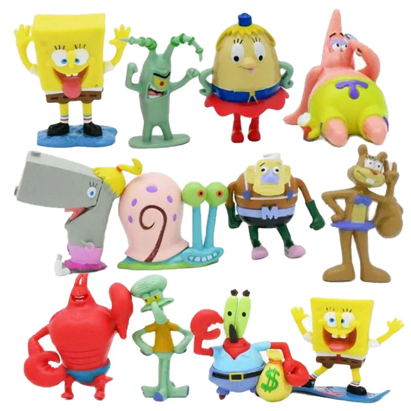 12 قطعة/المجموعة Kawaii Spongebobs سلسلة باتريك ستار دمية الكرتون لطيف العمل أنيمي نموذج لجسم لعبة الحلي للبنين هدية عيد ميلاد