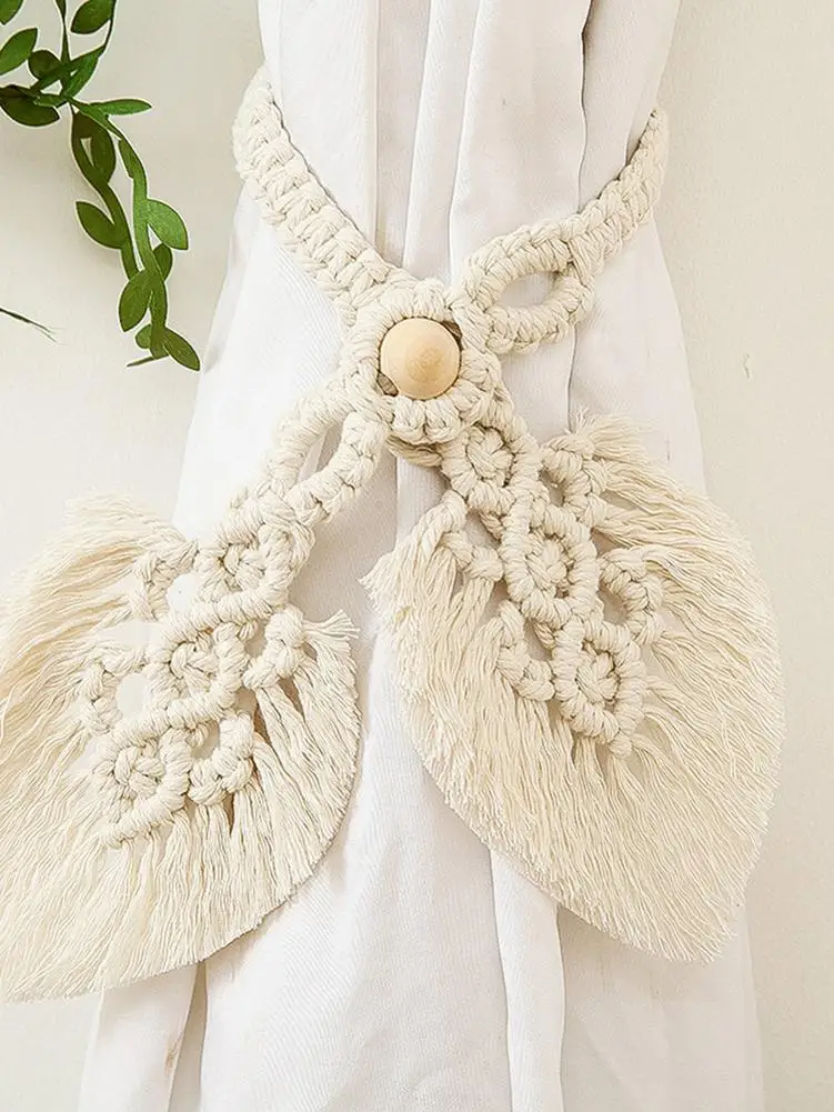 

2PCS Curtain Strap Leaf Macrame Curtain Tiebacks Hand-woven Bohemian Curtain Tie Rope Curtains Straps Tassels Hanging Room Decor