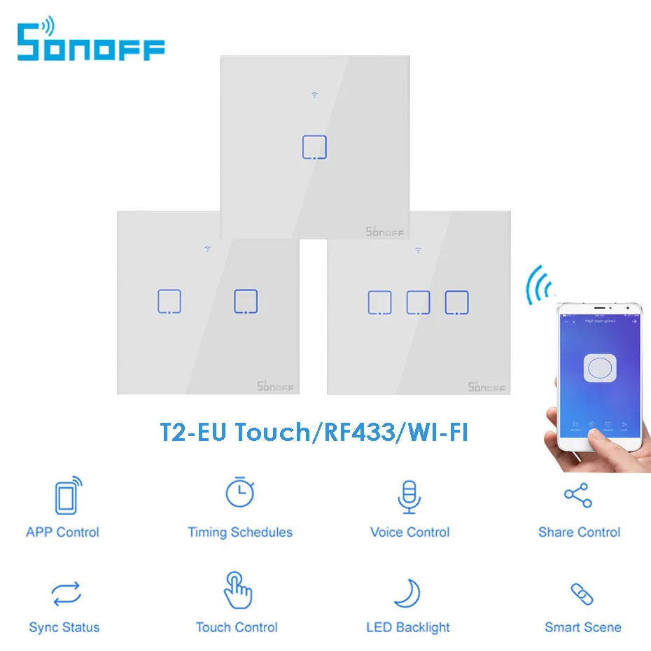 

Itead Sonoff T2 EU 86 Size 1/2/3 gang Wall WIFI Light Switch,Touch/RF433 mhz/WIFI Remote Control, Works With Alexa Google Home