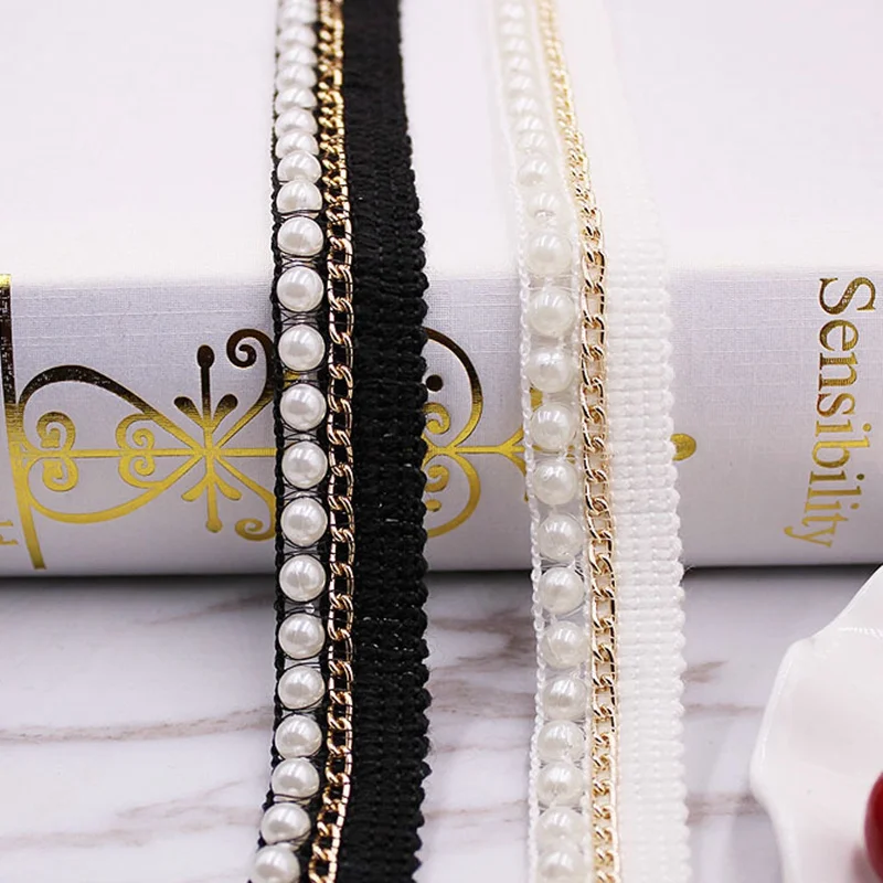 1 ярдов жемчужина бисером кружева отделка ленты ткань белый/черный Кружева