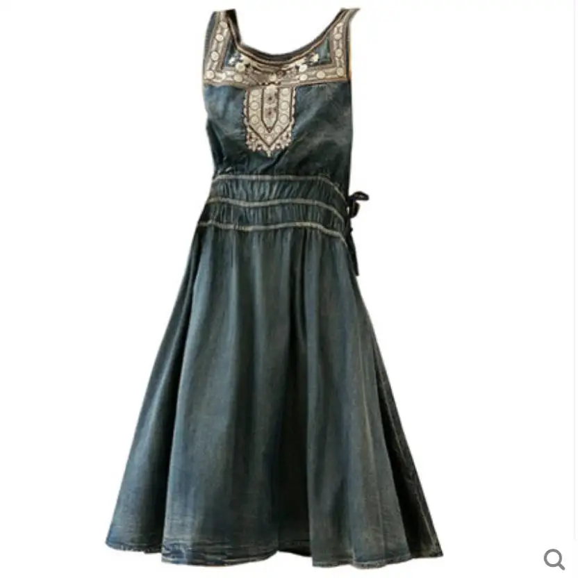 

Summer new vintage sleeveless denim dress women embroidery drawstring slim waist a-line vest dress