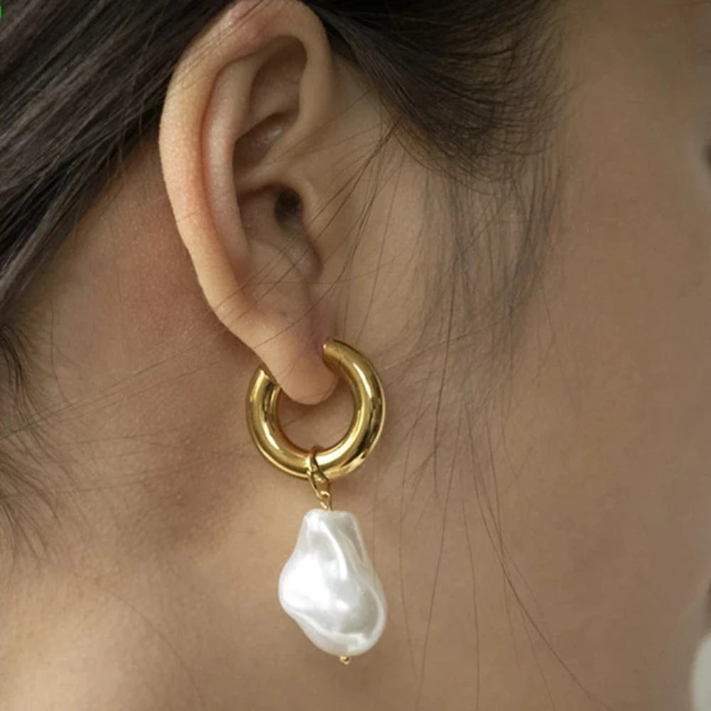 Женские серьги-кольца с жемчугом из нержавеющей стали | Украшения и аксессуары