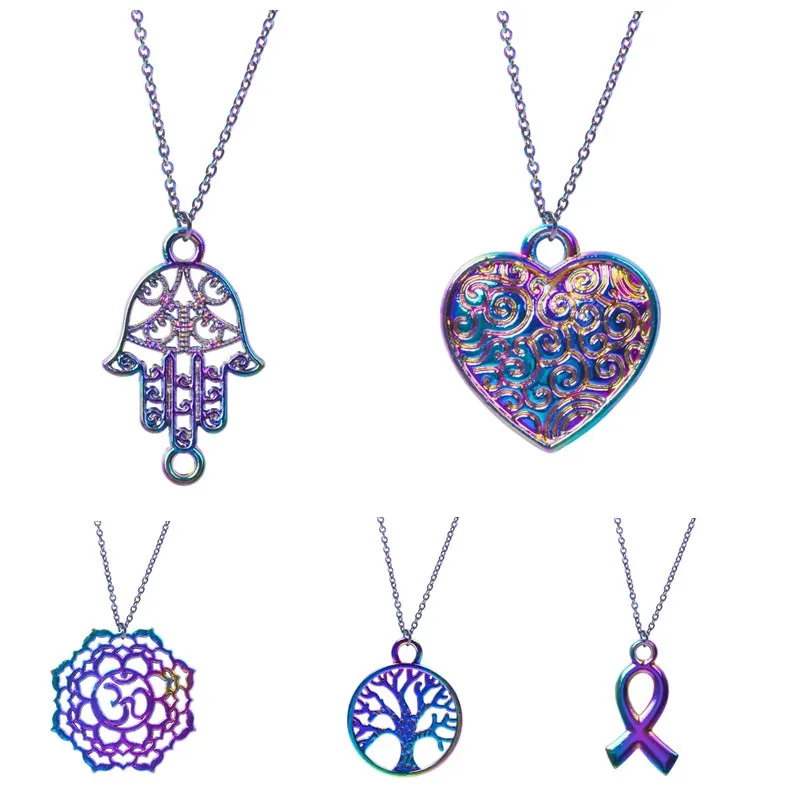 

1pcs Vintage Necklace Rainbow OM Charm Pendant Necklaces For Women Men Jewelry Pattern Heart Fatima Hand Necklaces Choker Friend
