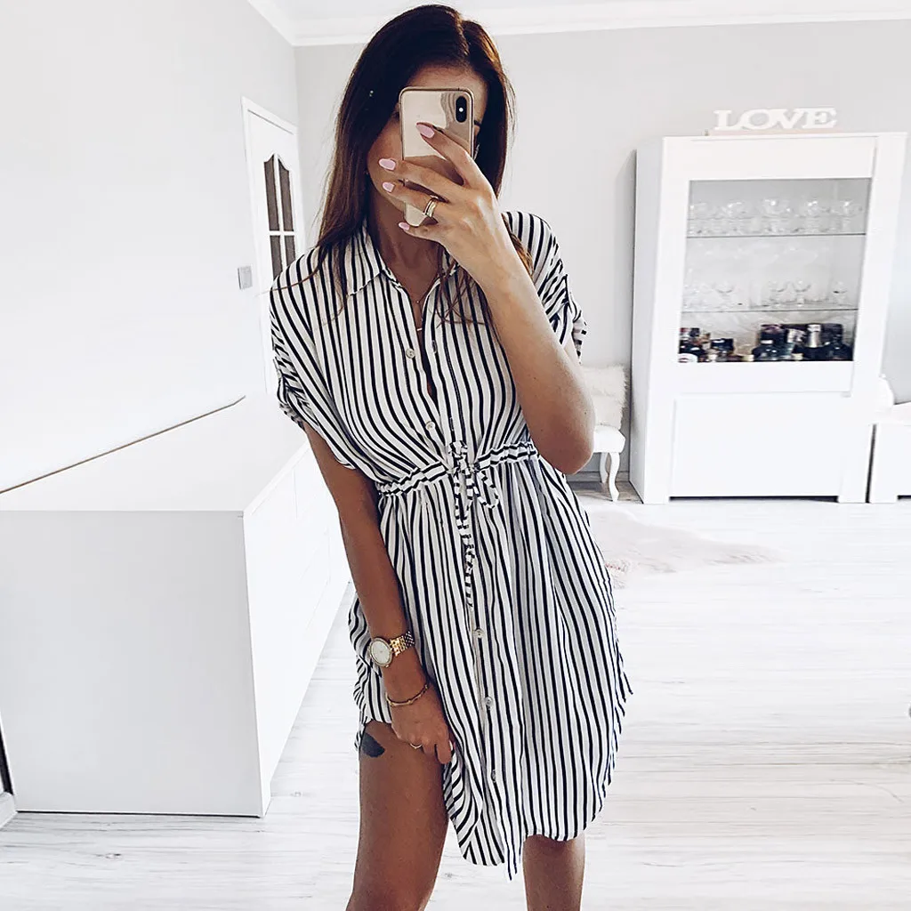 @ Fashion Womens Office Dress Drawstring Bandage Short Sleeve Stripe Print Lapel Shirt Dresses Woman Party Night | Женская одежда