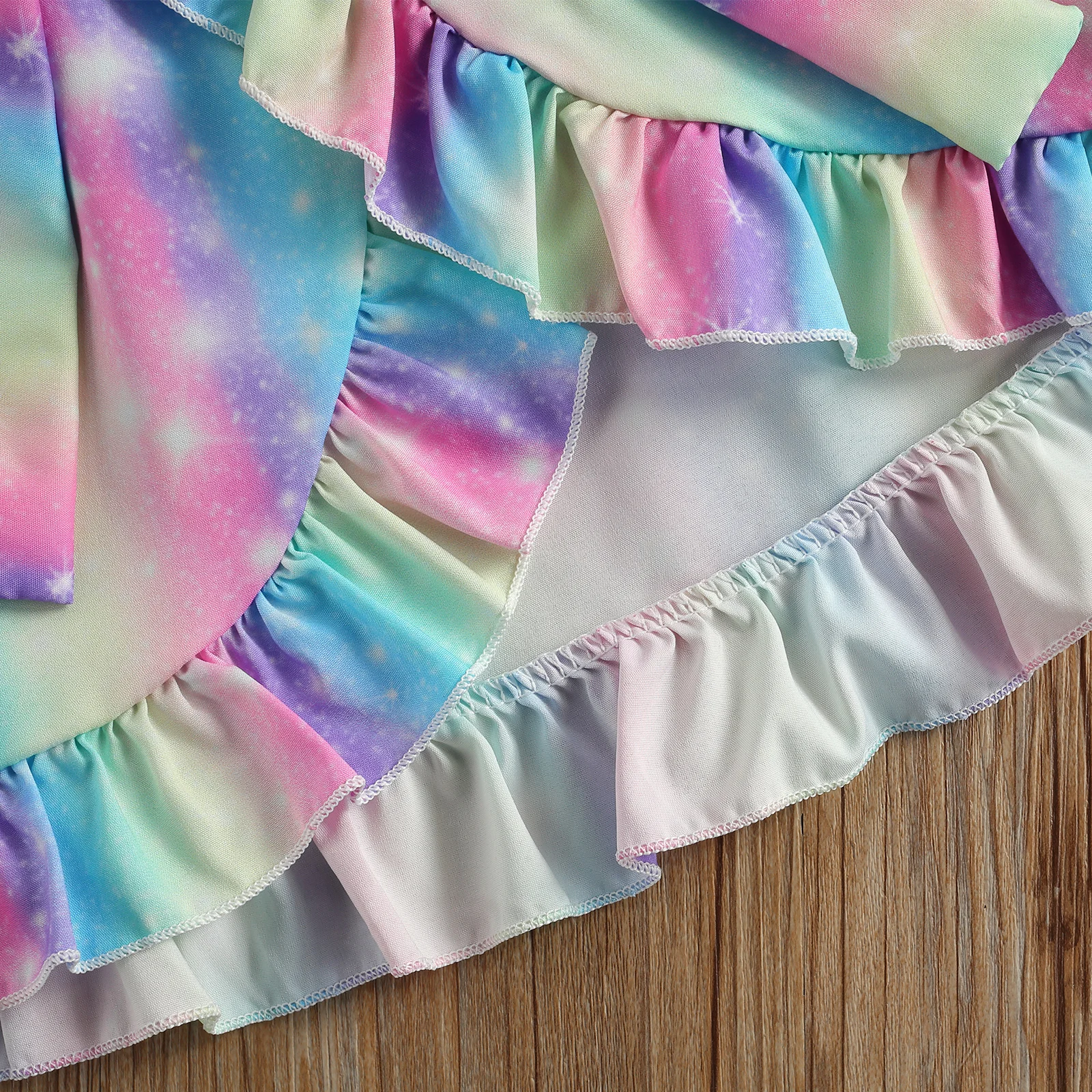 

0-4Y Toddler Baby Girl Summer Clothing Ruffle Bow Vest Top+Rainbow Tie-dye Pattern Bow Decoration Irregular Hem Skirt 2pcs