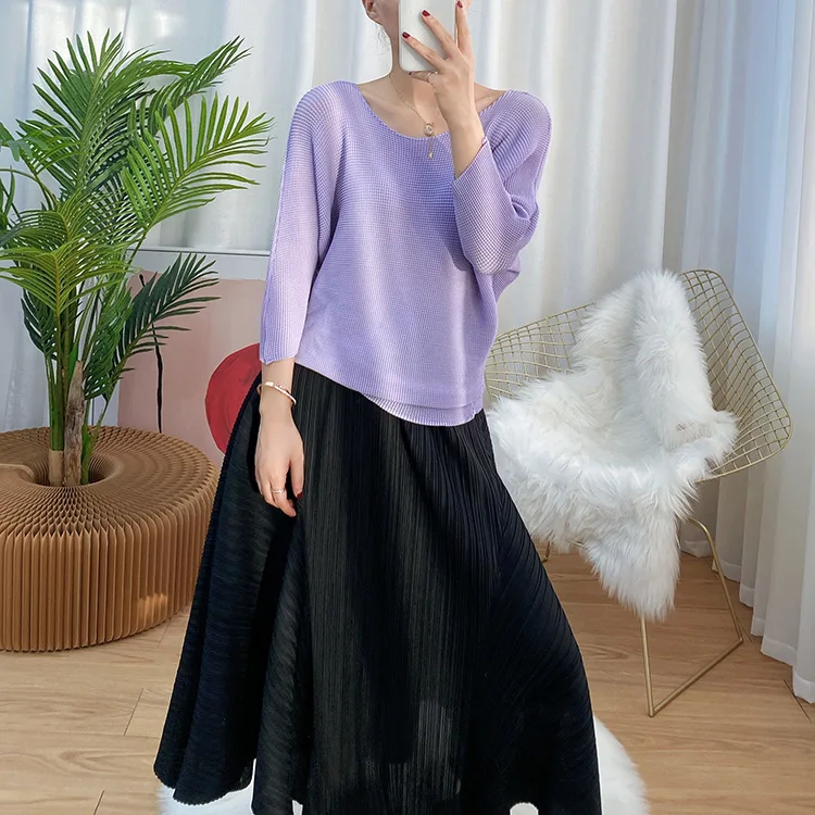

HOT SELLING Miyake fashion Batwing sleeve o-neck fold in solid T-shirt IN STOCK
