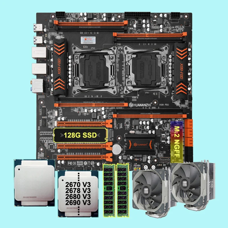 

X99-F8D Dual CPU Motherboard with 128G NVMe SSD DIY 2 Xeon CPU 2670 2678 V3 2680 2690 V3 CPU Coolers RAM 16G DDR4 2400 REG ECC