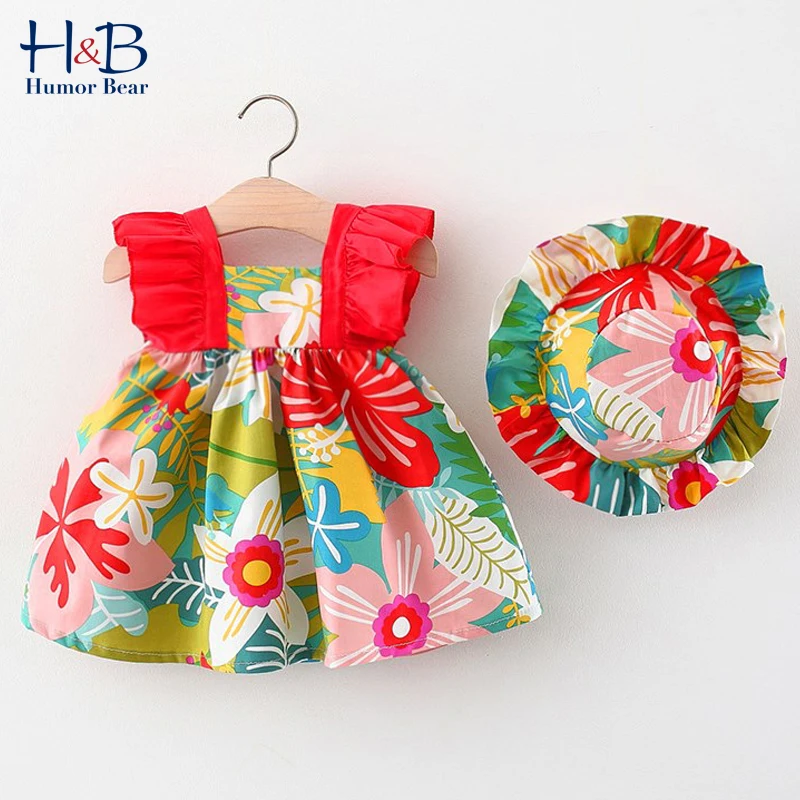 

Humor Bear 2022 Summer Baby Kids Girls Floarl Printed Princess Dress+Hat Set Summer Sleeveless Infant Clothes 0-24M