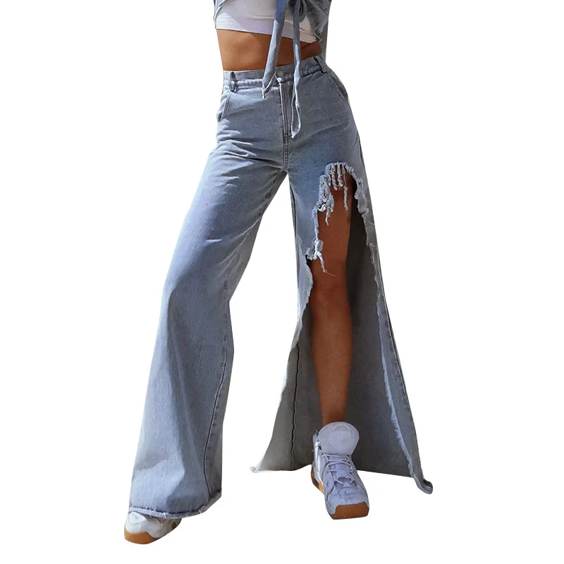 

Casual straight pants women's season new temperament street style front high fork high waist denim pants 629087