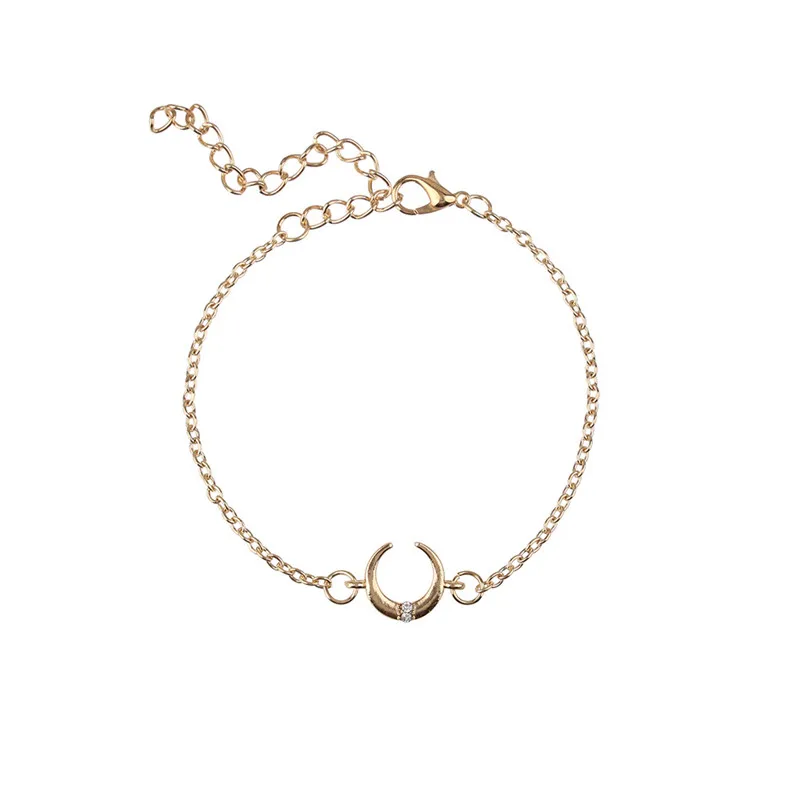 Retro Female Moon Leaves Round Crystal Gem Chain Opening Gold Geometry Beach Bracelet Set Fashion Jewelry Gift | Украшения и