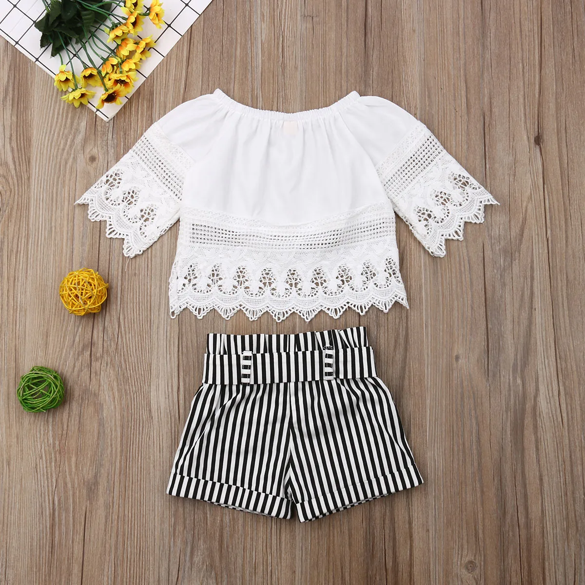 

Toddler Kids Baby Girls Summer Autumn Clothes Solid Color Short Sleeve Tops Striped Shorts 2PCS Outfits Clothings Sunsuits New
