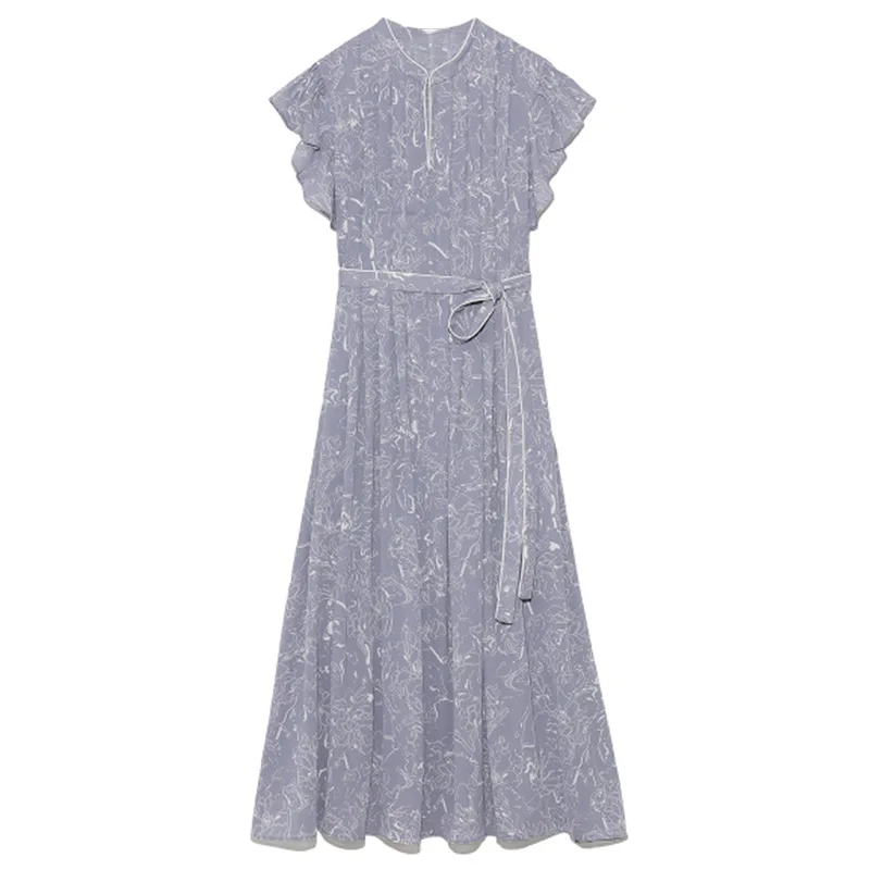 

Elegant Stand Collar Flying Sleeve Long Dresses for Women Pleated Bandage Slim Waist Summer Dress Chic Simple Print Vestidos