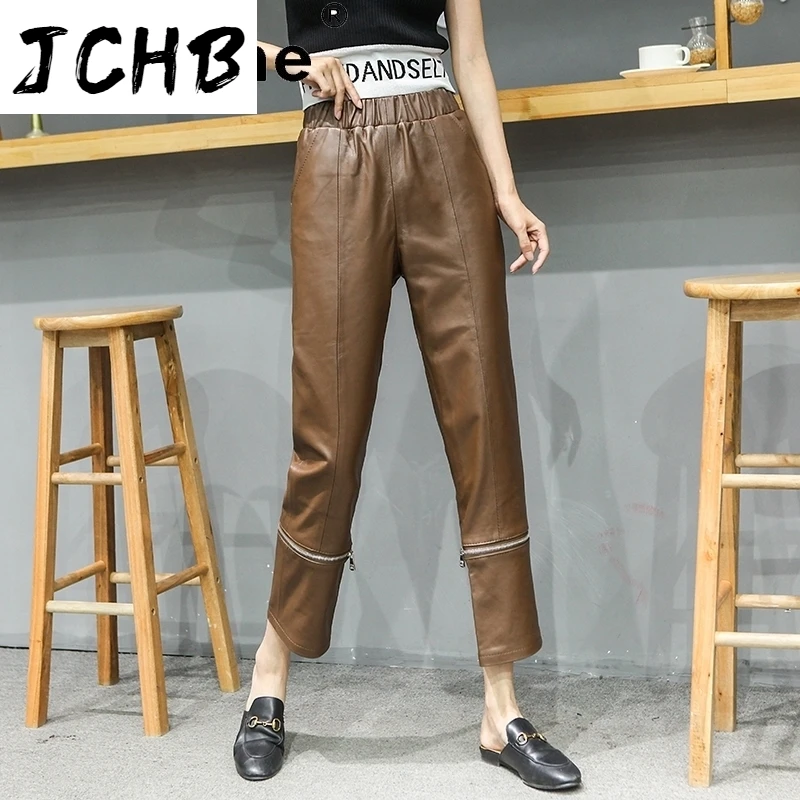 Verkaufen SHZQJCHB Streetwear Frauen Böden Hosen Echt Schaffell Hosen Frau Leder Breite Bein Hosen Frauen Hosen Ropa Mujer TN1310