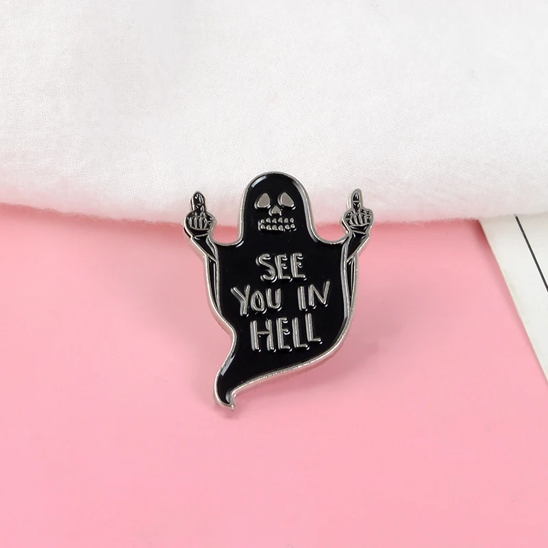 

Grim reaper See You in Hell Halloween Punk Horrible Death Funny middle finger Enamel Brooches Pins For Friends