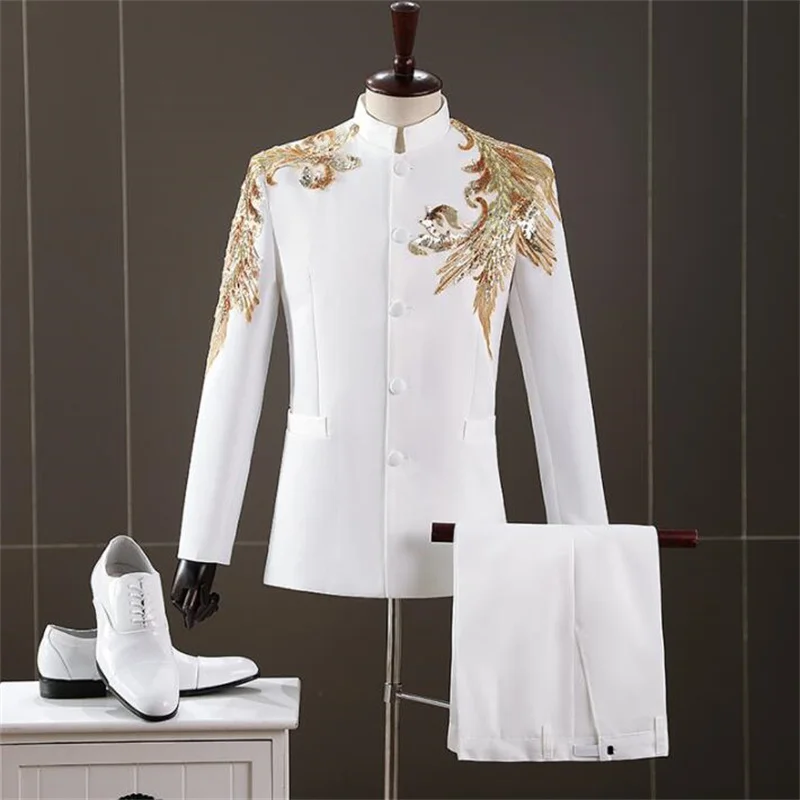 

Embroidered Chinese tunic suit men sequins blazers white fashion performance costume choir stage host singer dress stand collar