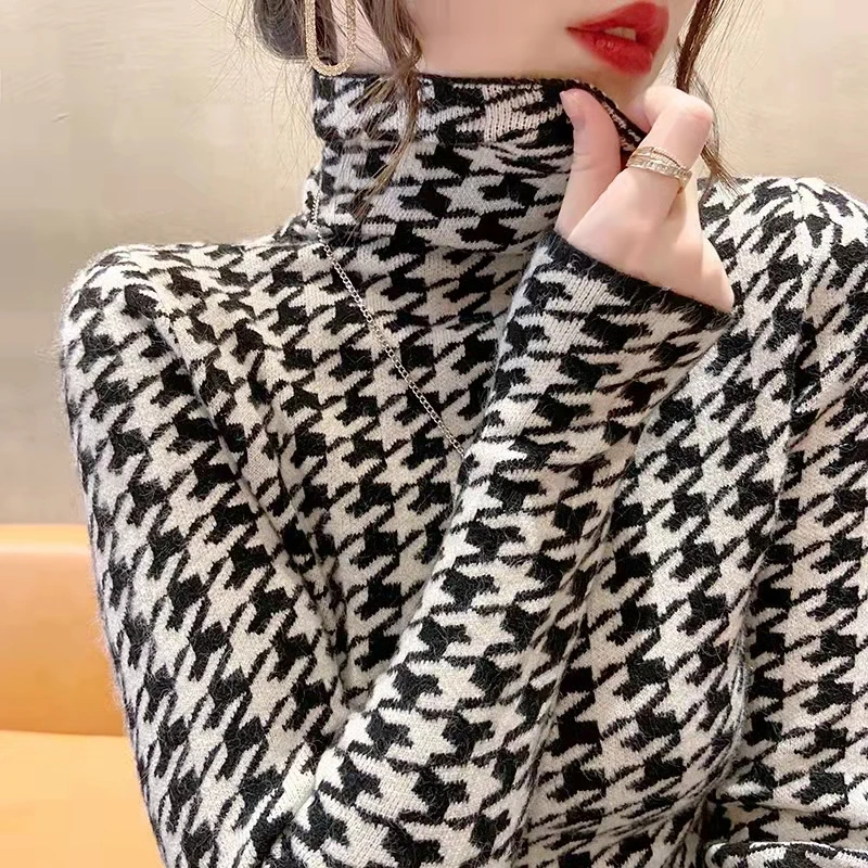 

Новинка, осенне-зимний свитер из твида с воротником «гусиные лапки», женские модные облегающие теплые свитера, подходящие ко всему Женские ...