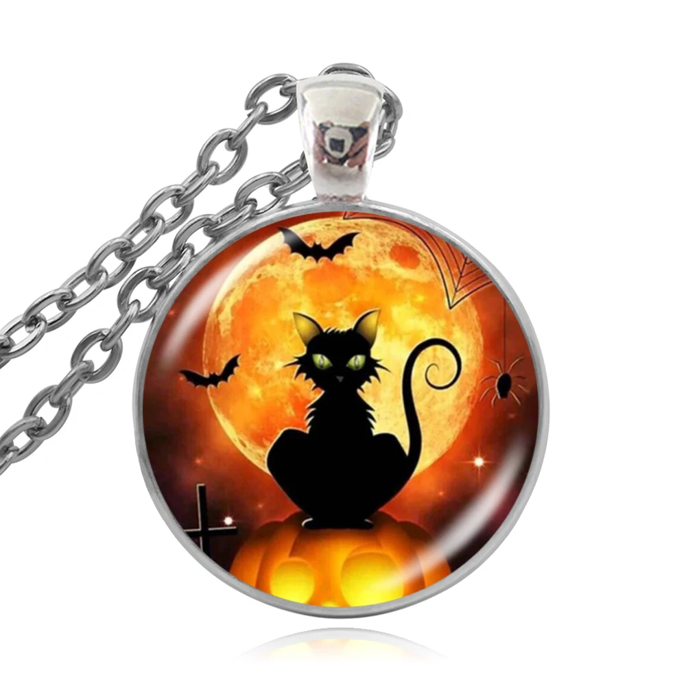 

KARAIRIS 2020 Newest Pumpkin and Cat Glass Cabochon Pendent Necklace Halloween Pumpkin and Cat Necklace Hand Craft Jewelry
