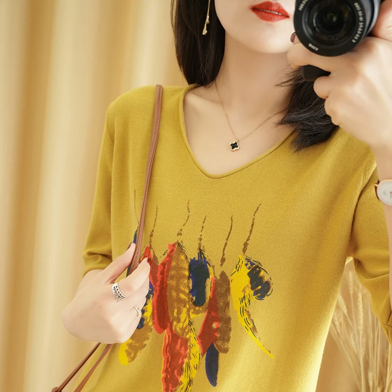 

YUHANRONG V-neck cotton feather print short sleeve women's 2021 new 5-sleeve loose casual Pullover cotton hemp T-shirt