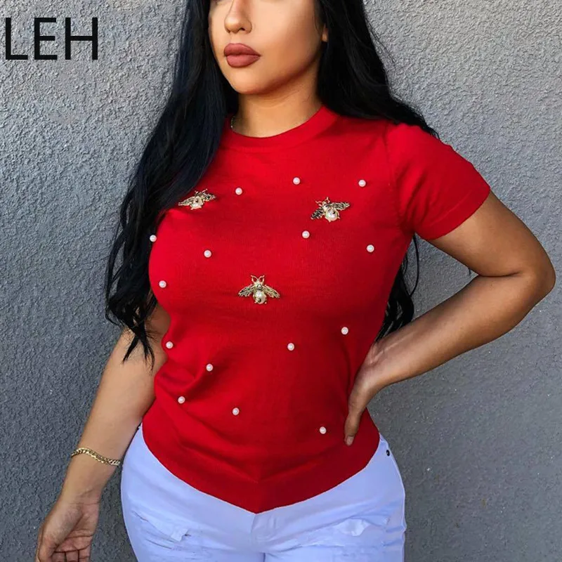 LEH женская футболка с коротким рукавом летняя жемчугом и бусинами Женская