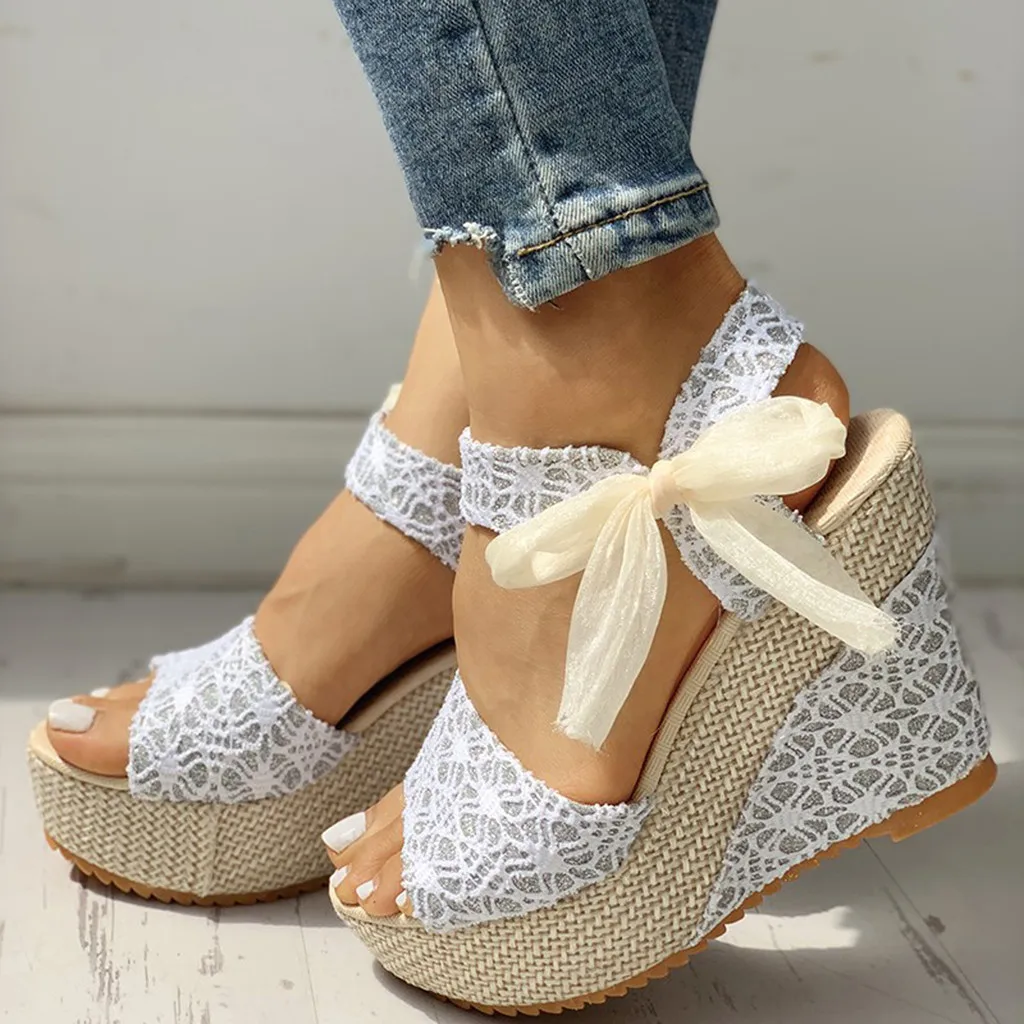 2020 fashion INS Hot Lace Leisure Women Wedges Heeled Shoes Summer Sandals Party Platform High Heels Woman | Обувь