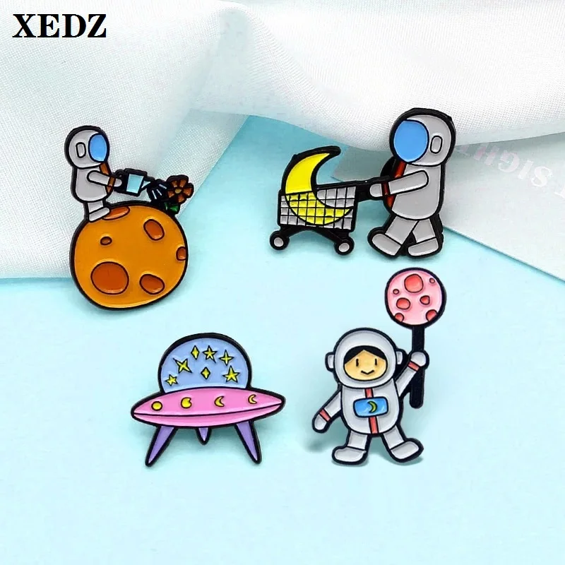 

XEDZ Crazy Astronaut Metal Enamel Pin Cleaner Planet Lollipop Probe Moon Shopping Cart lapel badge Punk Button Pins Jewelry Gift