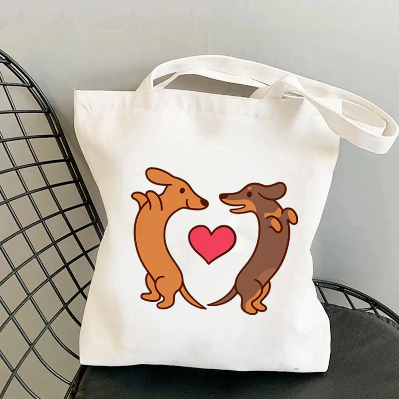 

2021 Shopper Cute cartoon Dachshunds in love Tote Bag women Harajuku shopper handbag girl Shoulder shopping bag Lady Canvas Bag