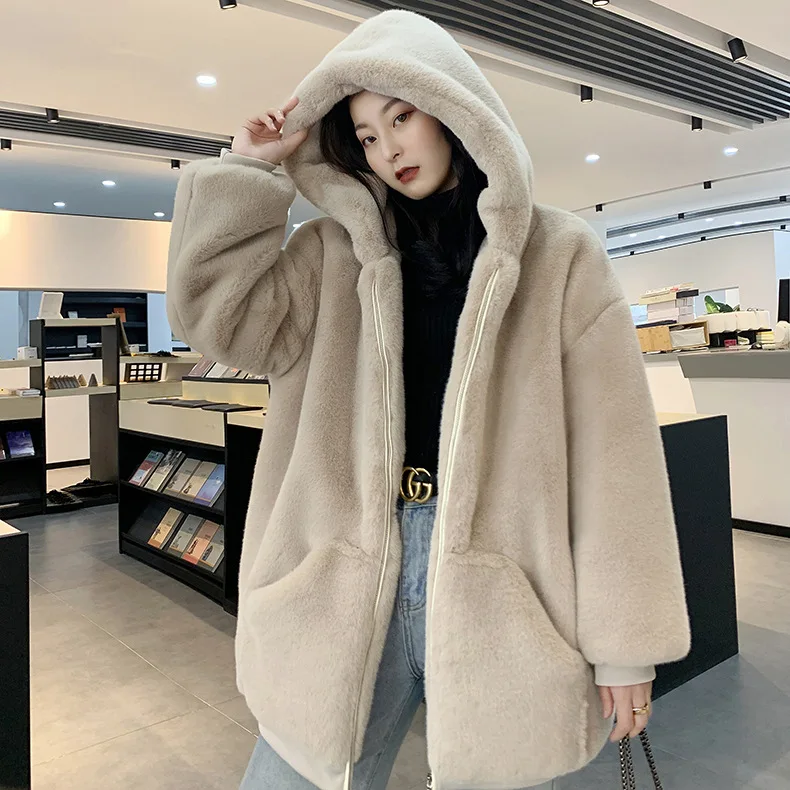 Fashion Plush coat women's winter imitation Rex Rabbit Fur grass loose medium length 2021 new hooded thickened coat