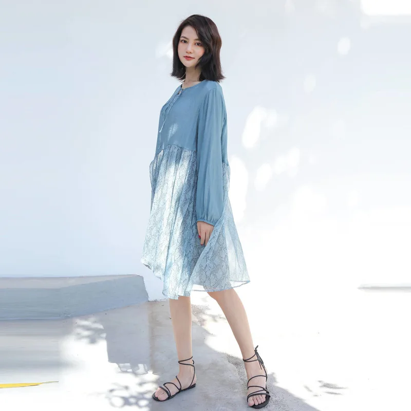 Женское шифоновое платье LANMREM свободное с высокой талией и круглым вырезом