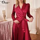 Celmia женское атласное платье-рубашка средней длины, повседневное Бандажное длинное вечерние с V-образным вырезом, элегантное вечернее платье с длинным рукавом, 2022